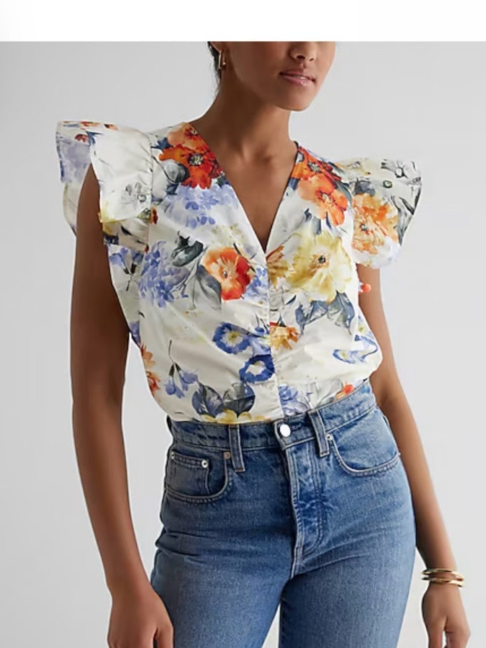 Express White Floral V-Neck Flutter Sleeve Top